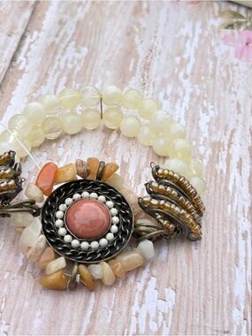 Handcrafted Multi-Strand Yellow and Coral Beaded Bracelet